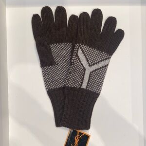 🔥❤️ YSL NWTs Unisex Brown & Cream Wool Winter Gloves
